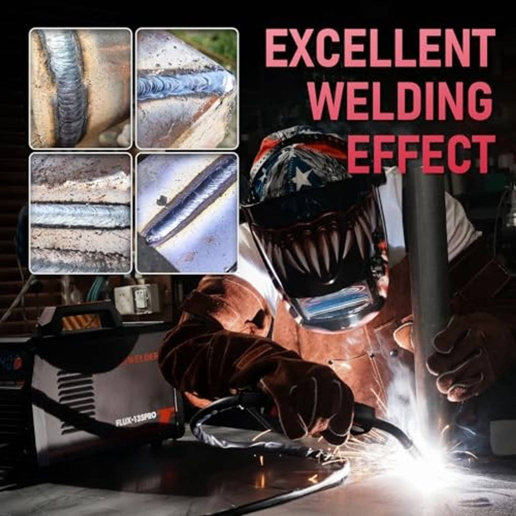 Welder producing bright arc during flux-cored welding on metal workpieces