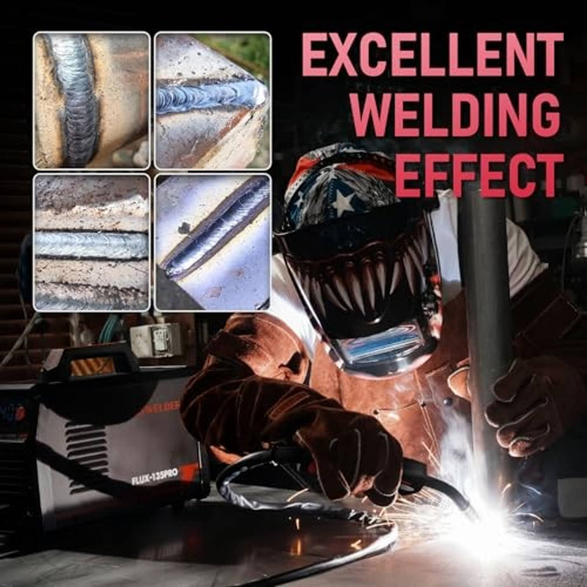 Welder producing bright arc during flux-cored welding on metal workpieces
