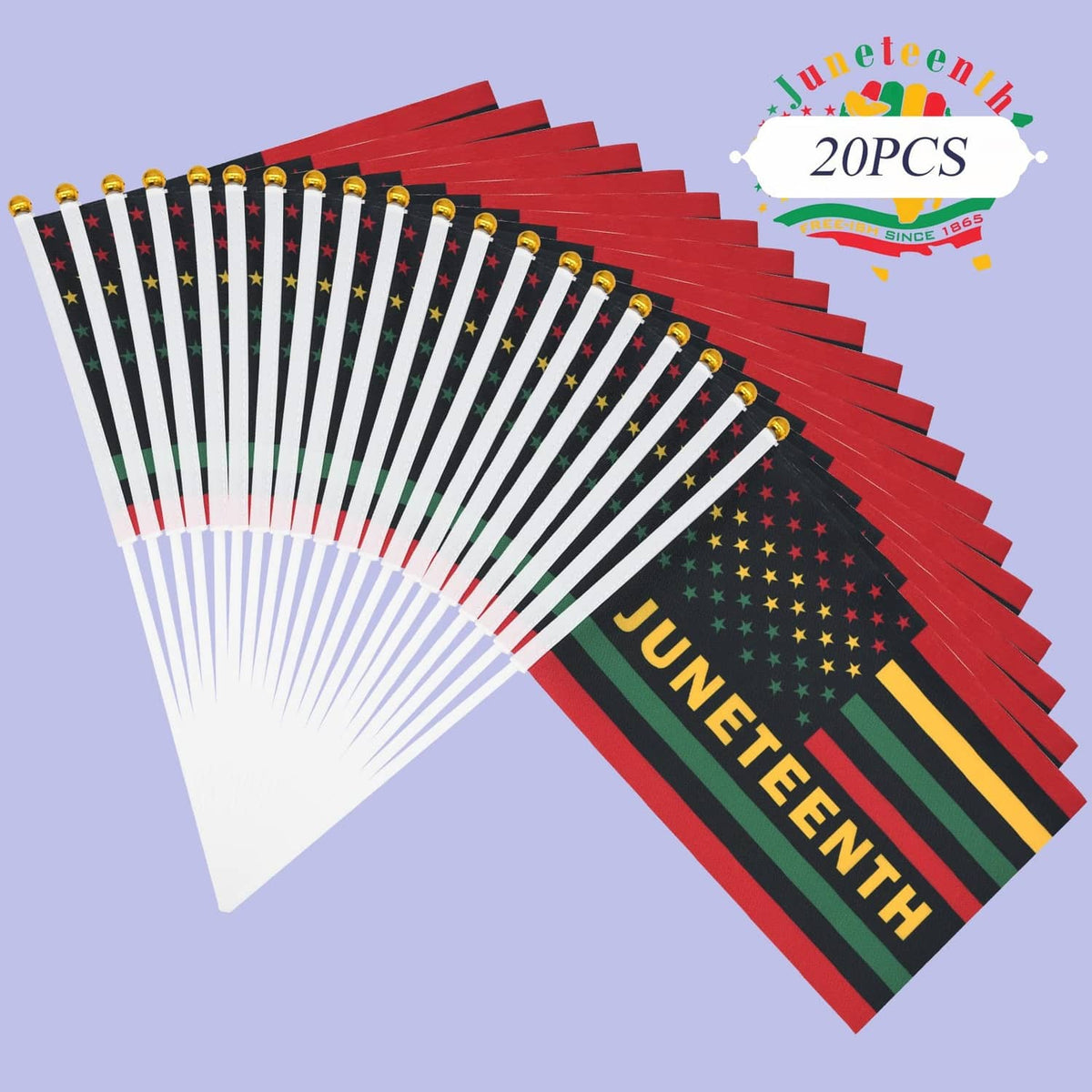 Handheld Juneteenth mini flags fanned out on white poles with “JUNETEENTH” lettering