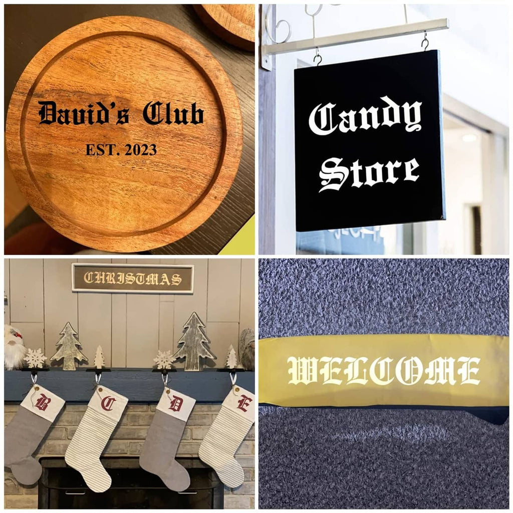 Alphabet letter designs on wooden signs and fabric decor, painted lettering