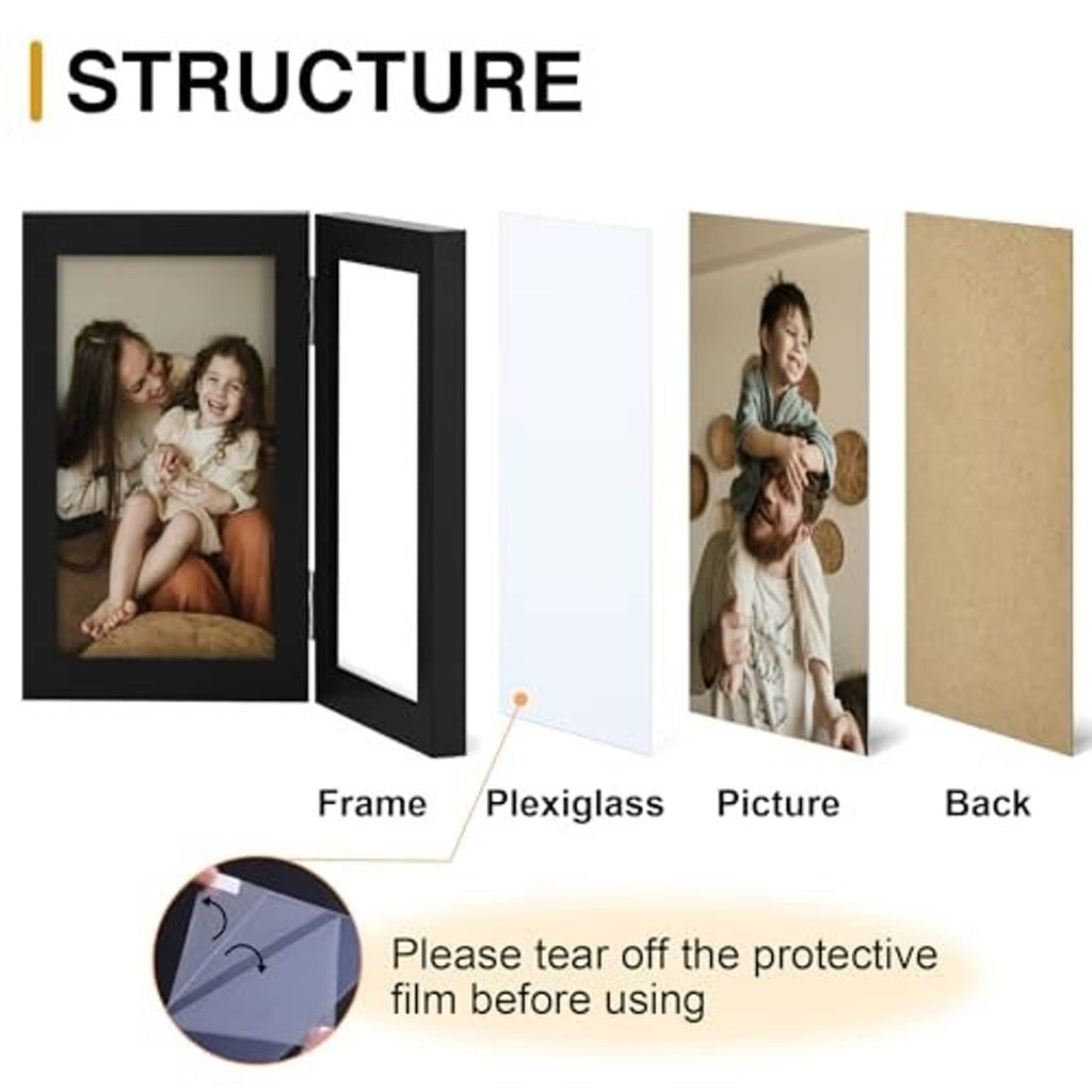 Black double photo frame structure parts: frame, plexiglass, picture insert, back