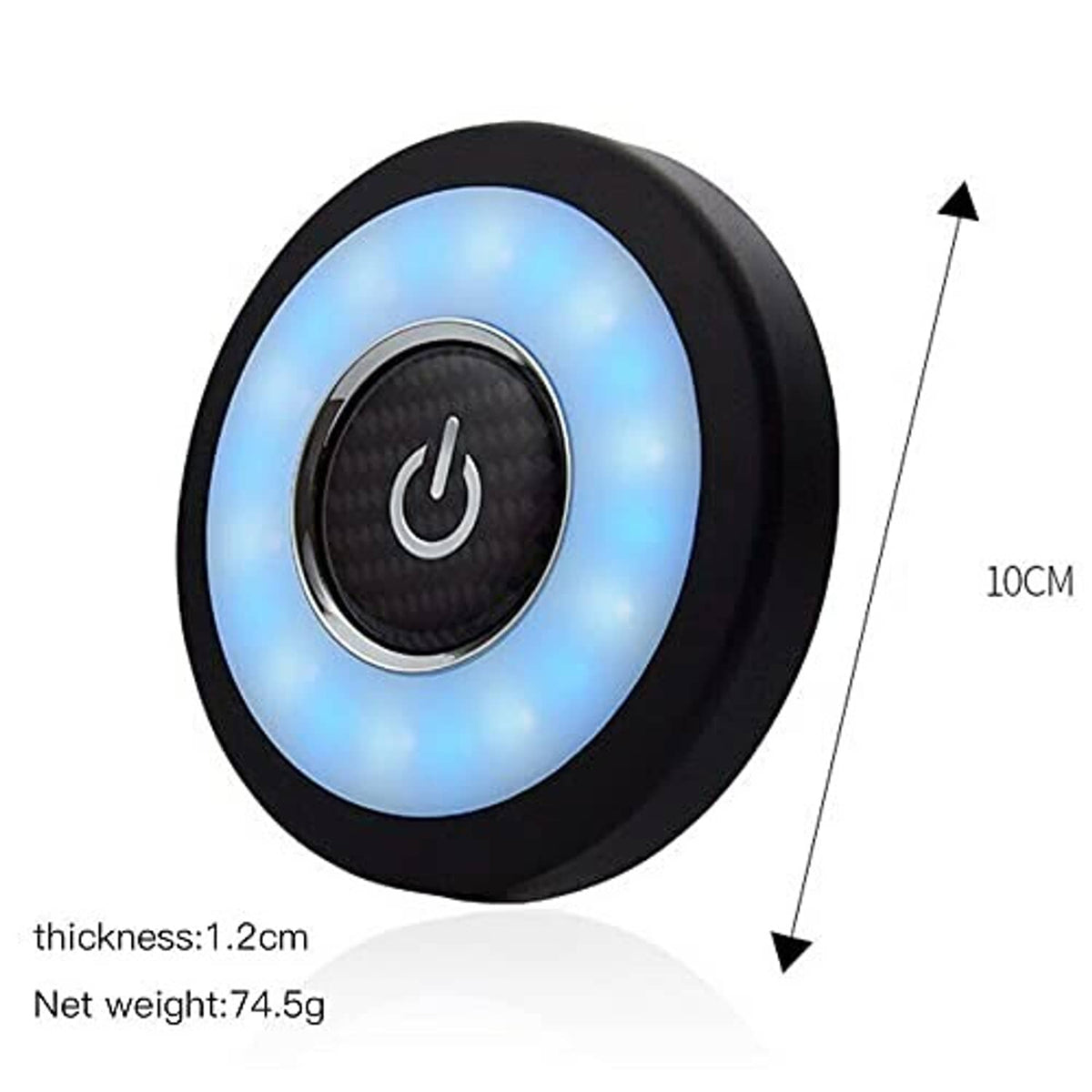 USB rechargeable LED car ceiling light size diagram showing round black housing
