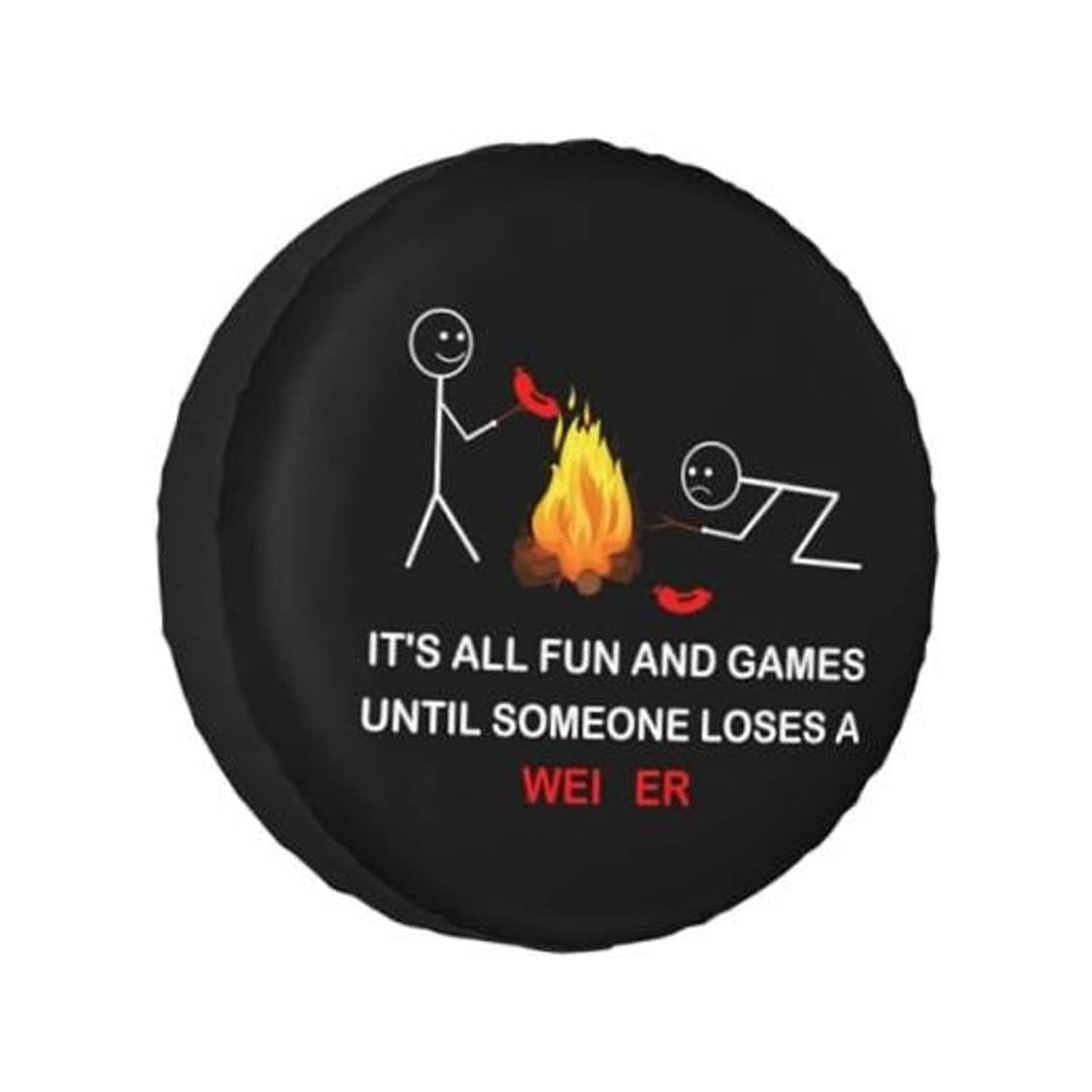 Black round RV spare tire cover with flame graphic and slogan text