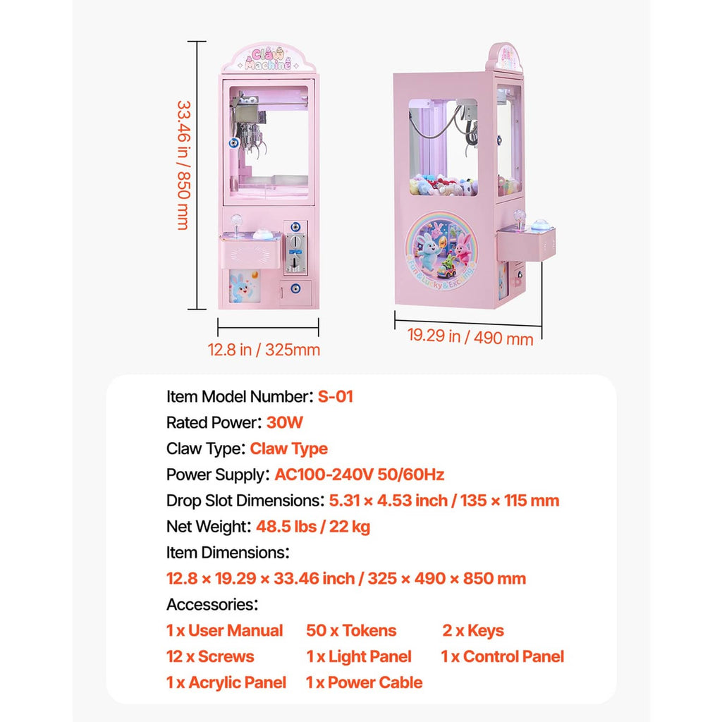 Pink claw crane arcade machine dimensions view with front and side angle