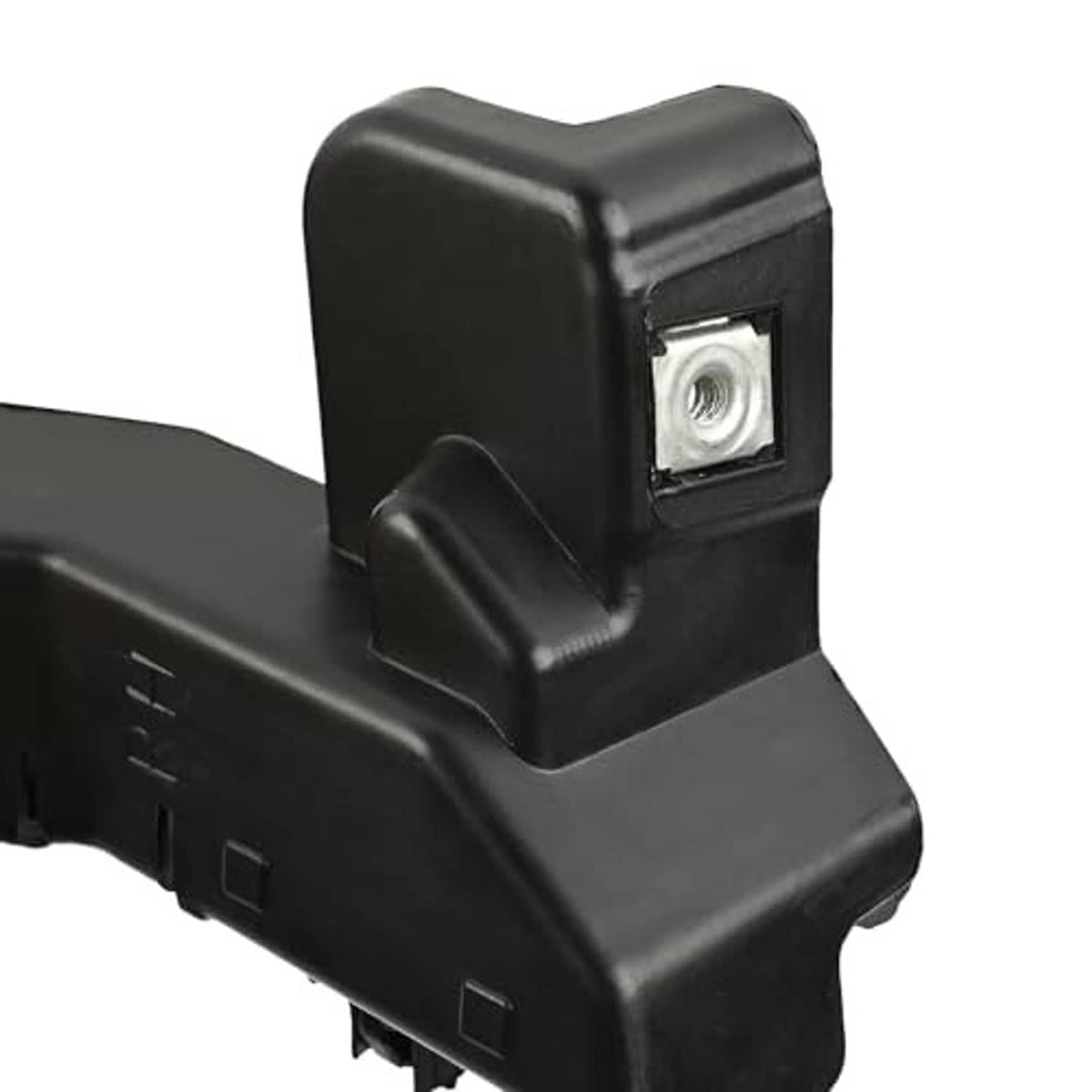 Close-up of black bumper guide bracket with rectangular metal mounting opening