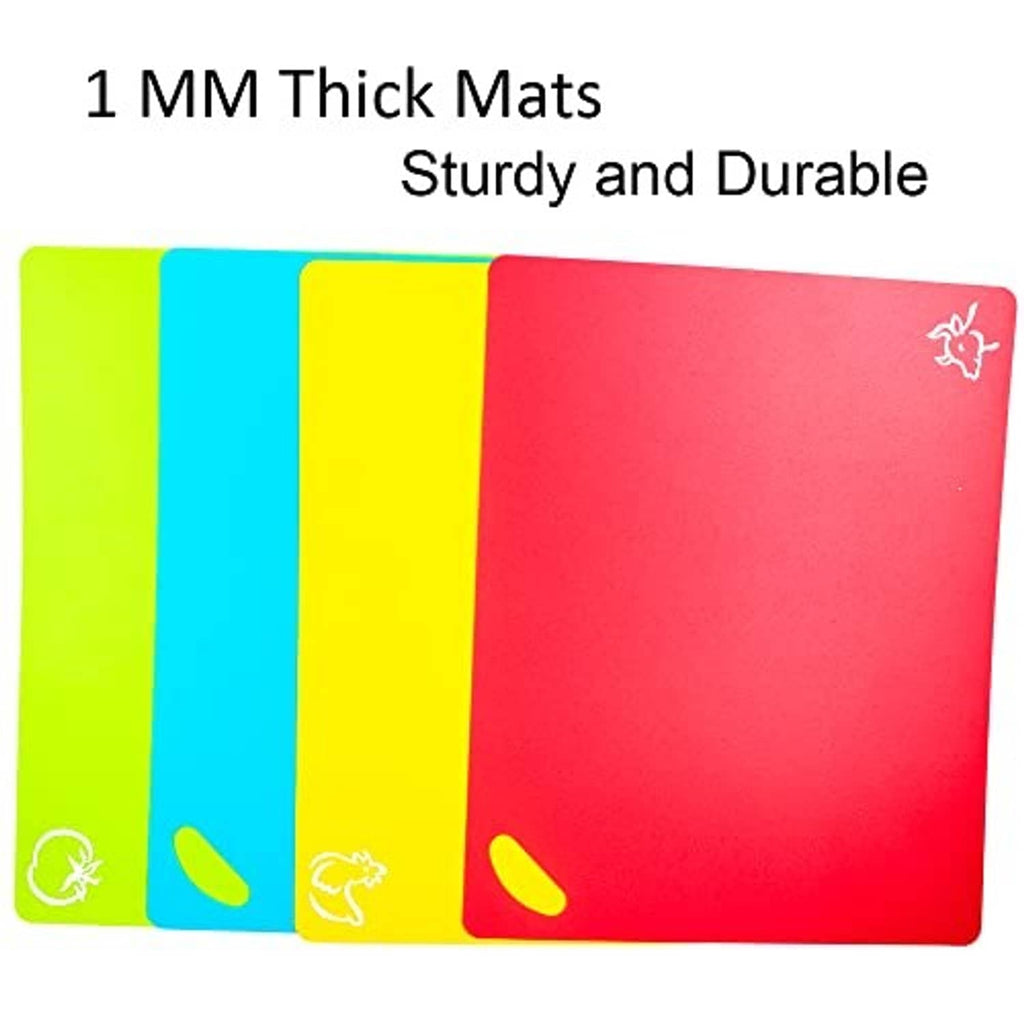 Flexible cutting board mats, 1 mm thick, overlapping red yellow blue and lime green