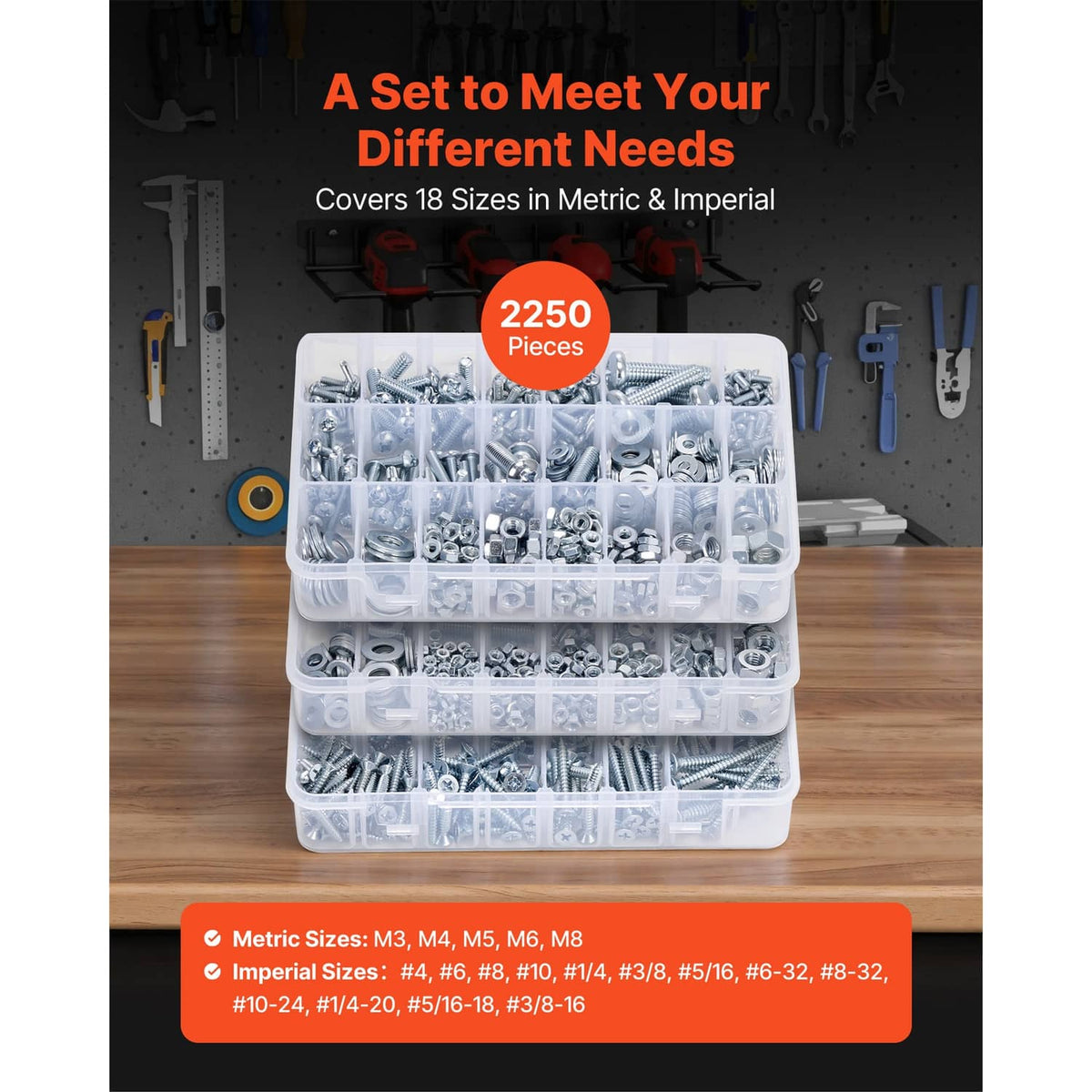 Large clear organizer box filled with assorted bolts, screws, and hex nuts