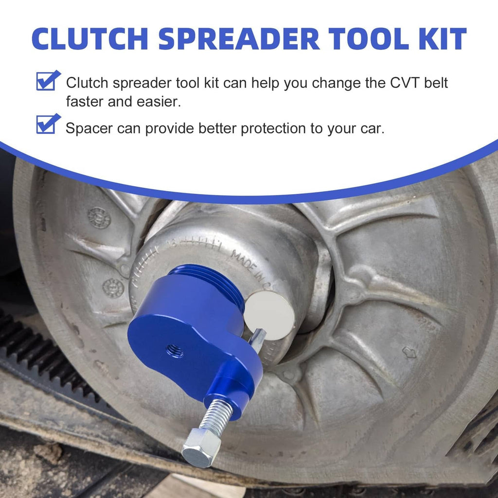Blue clutch spreader tool clamp with threaded bolt for CVT belt removal