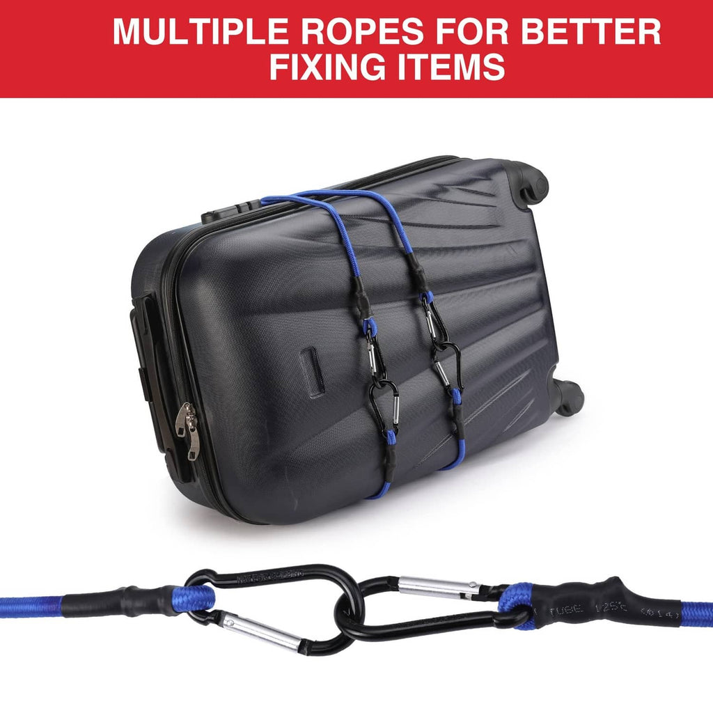 Blue bungee cords with black hooks securing a black soft case; multiple ropes shown