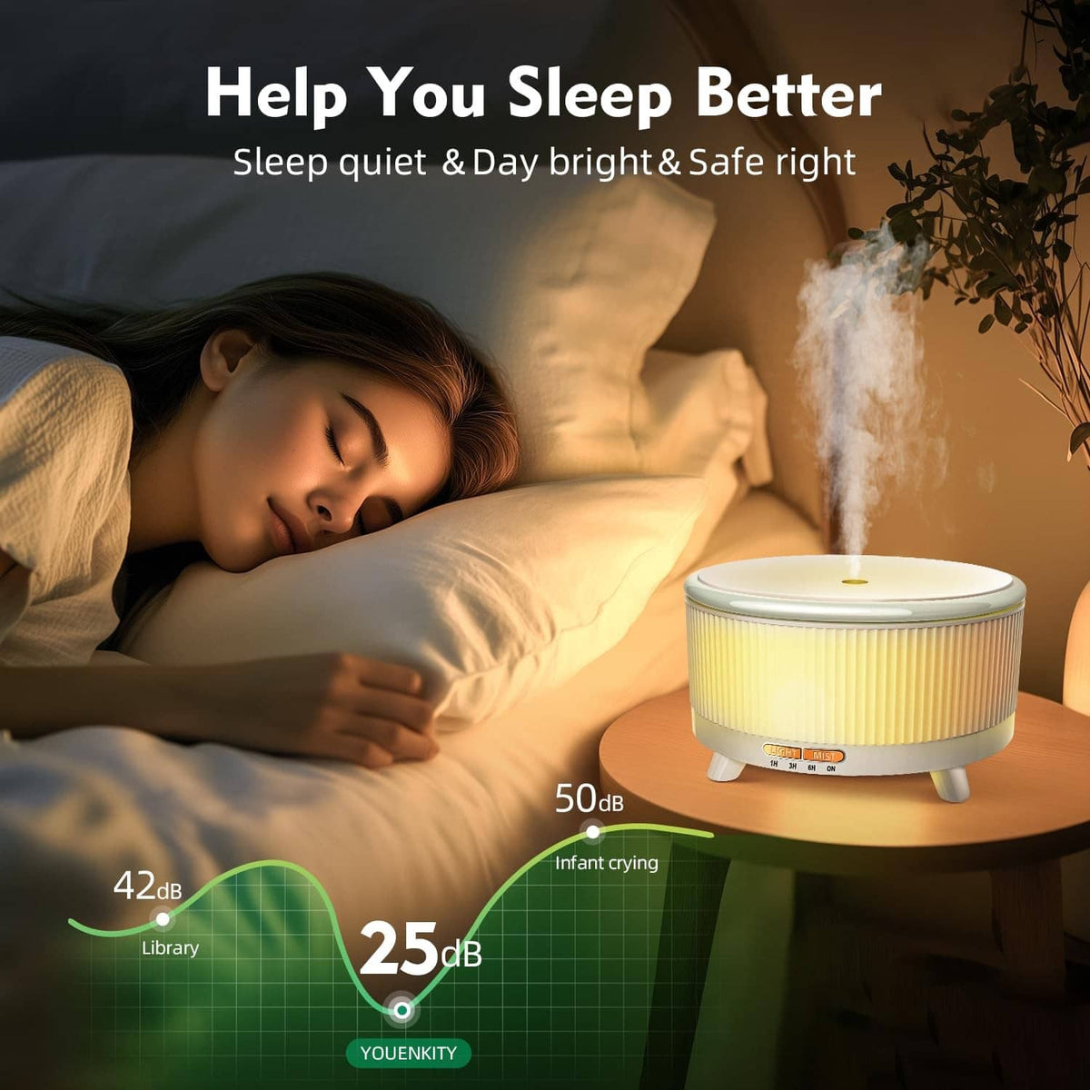 White essential oil diffuser with soft warm light for nighttime use.