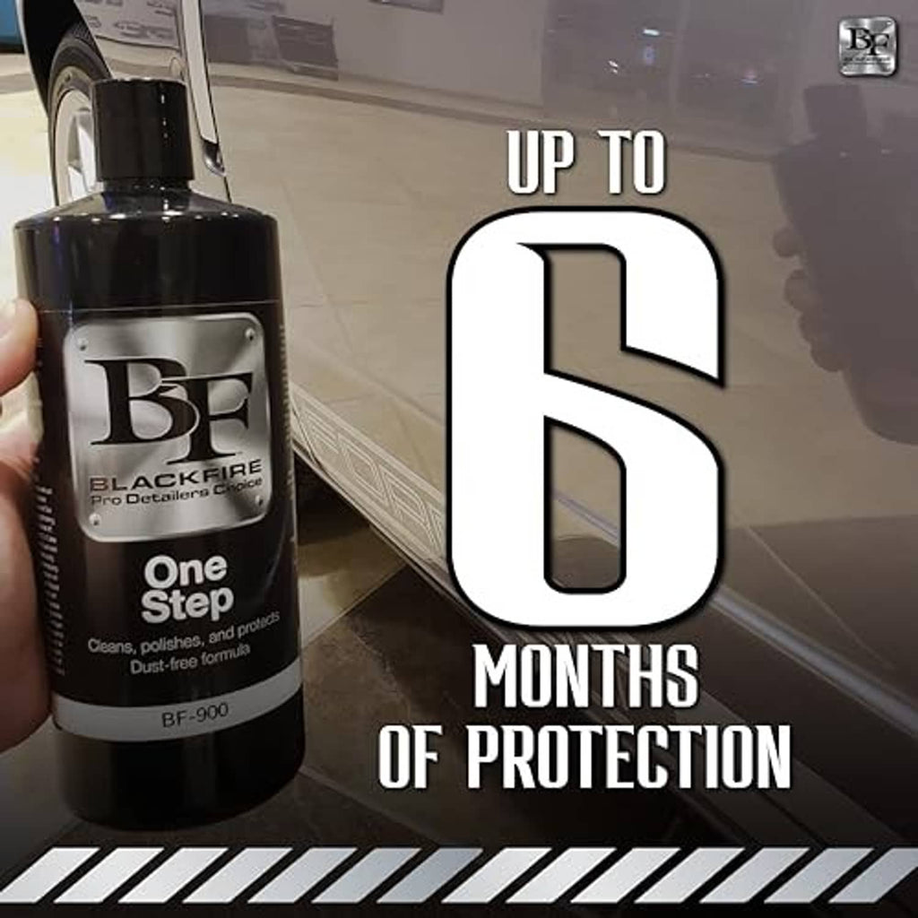 Blackfire One Step bottle held near car paint, black cap and front label