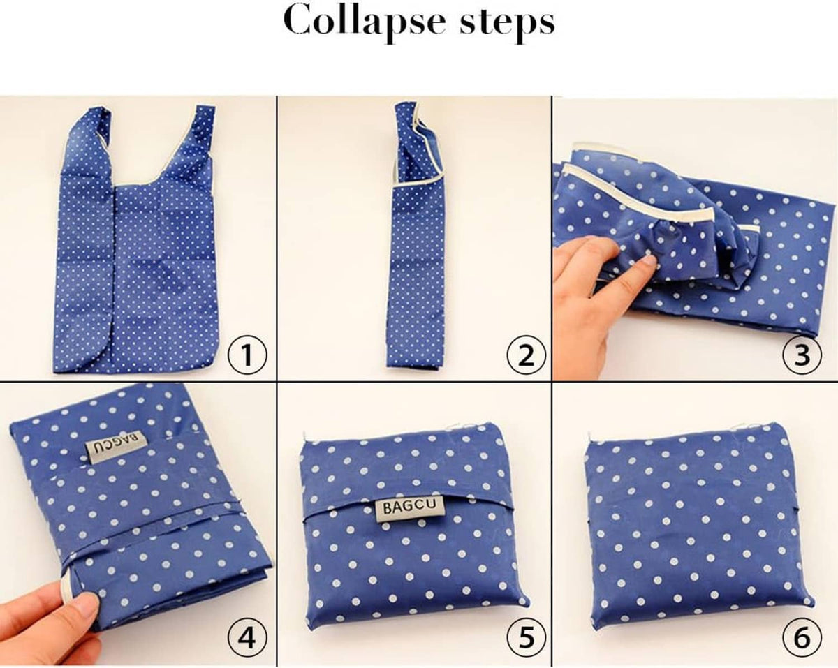 Foldable tote bag instructions showing a compact blue polka-dot pouch being folded