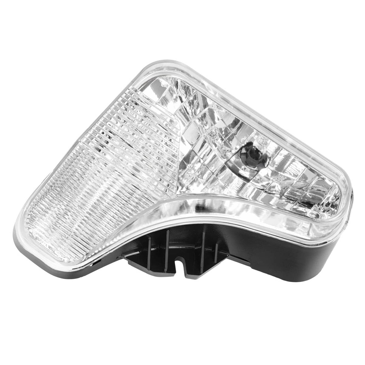 Right headlight lamp with clear lens and chrome reflector, black underside tabs