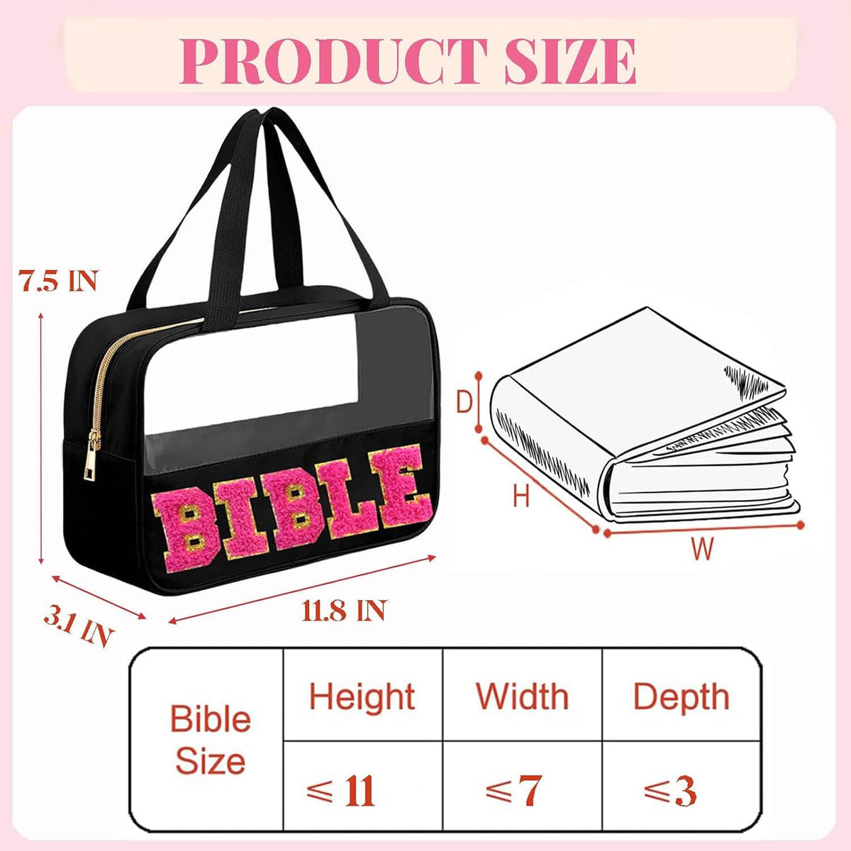 Black bible bag with size chart outline showing height, width, and depth