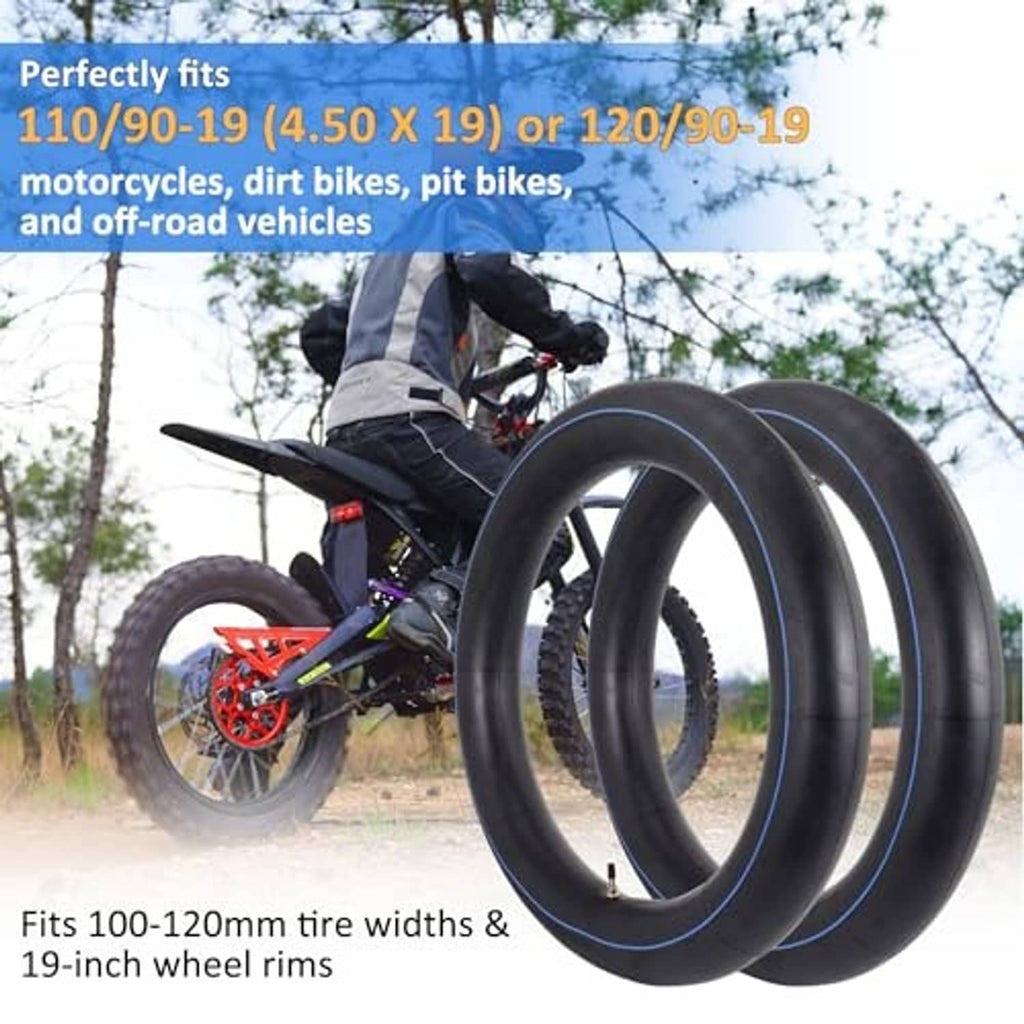 Two motorcycle inner tubes shown as rings with blue stripe for 110/90-19 and 120/90-19