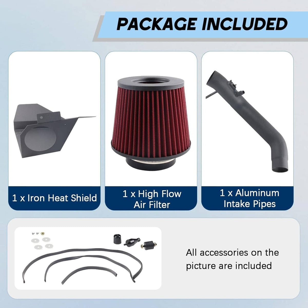 Cold air intake kit package with black heat shield, red filter, and intake pipes