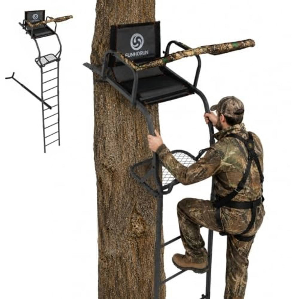Ladder tree stand on a tree trunk with padded seat, shooting rail, and foot platform