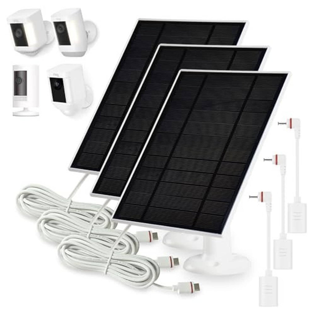 Solar panel charger kit with multiple black solar panels, white mounts, and cables