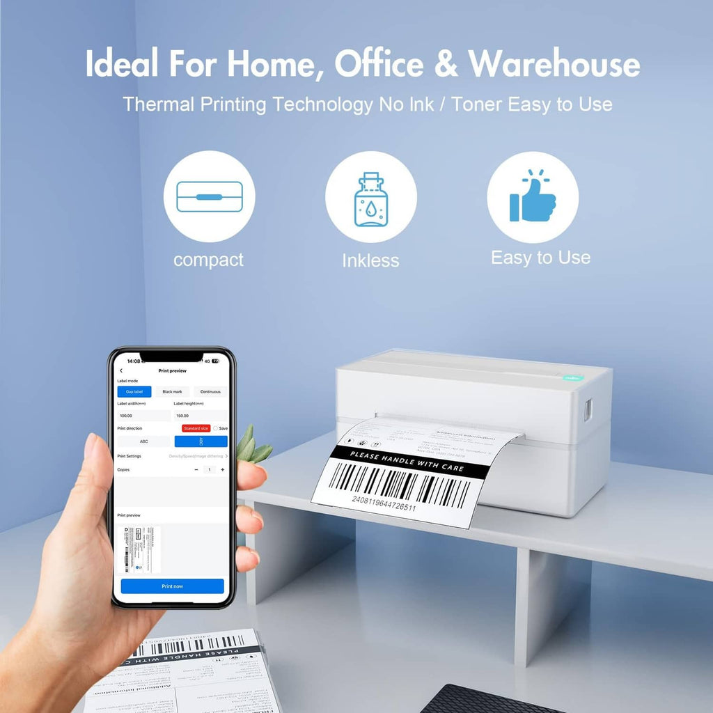 White thermal label printer with a hand placing a 4x6 label and phone preview