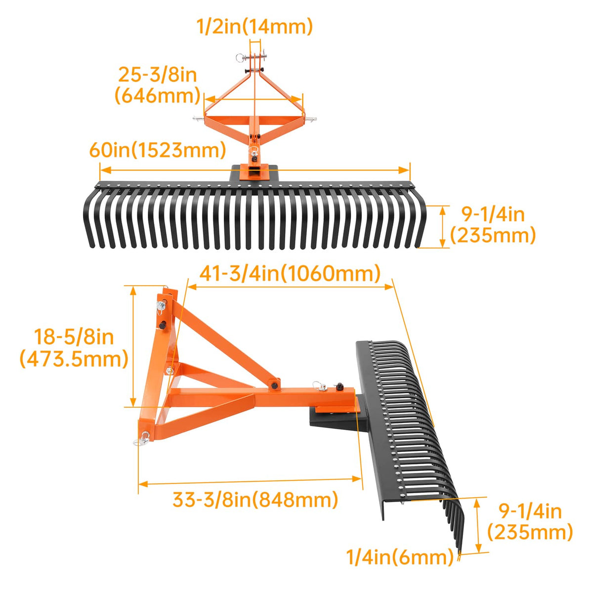 3-point rock rake attachment diagram with black spring tines and orange frame dimensions