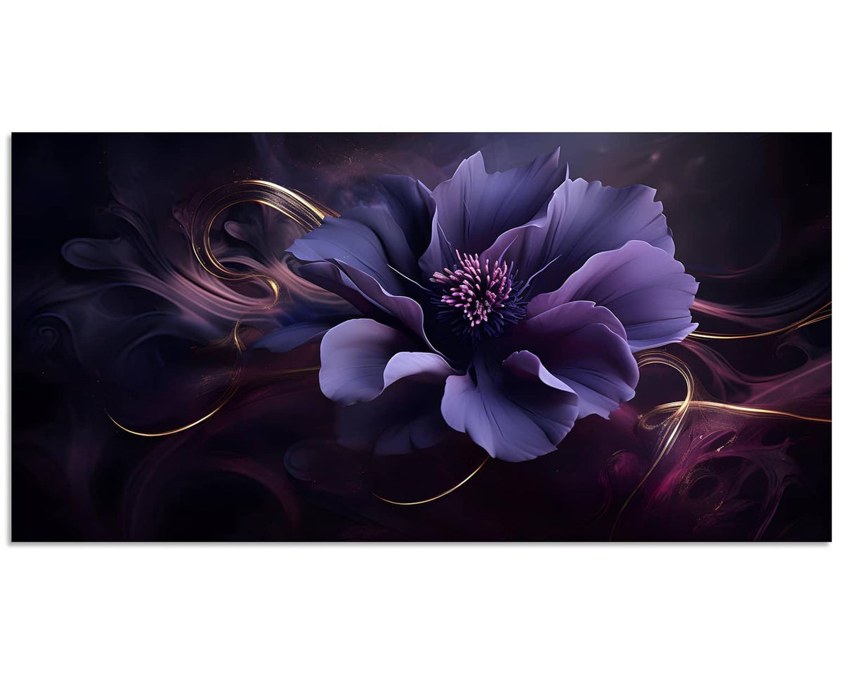 Purple flower wall canvas with gold swirl ribbons, rectangular horizontal print