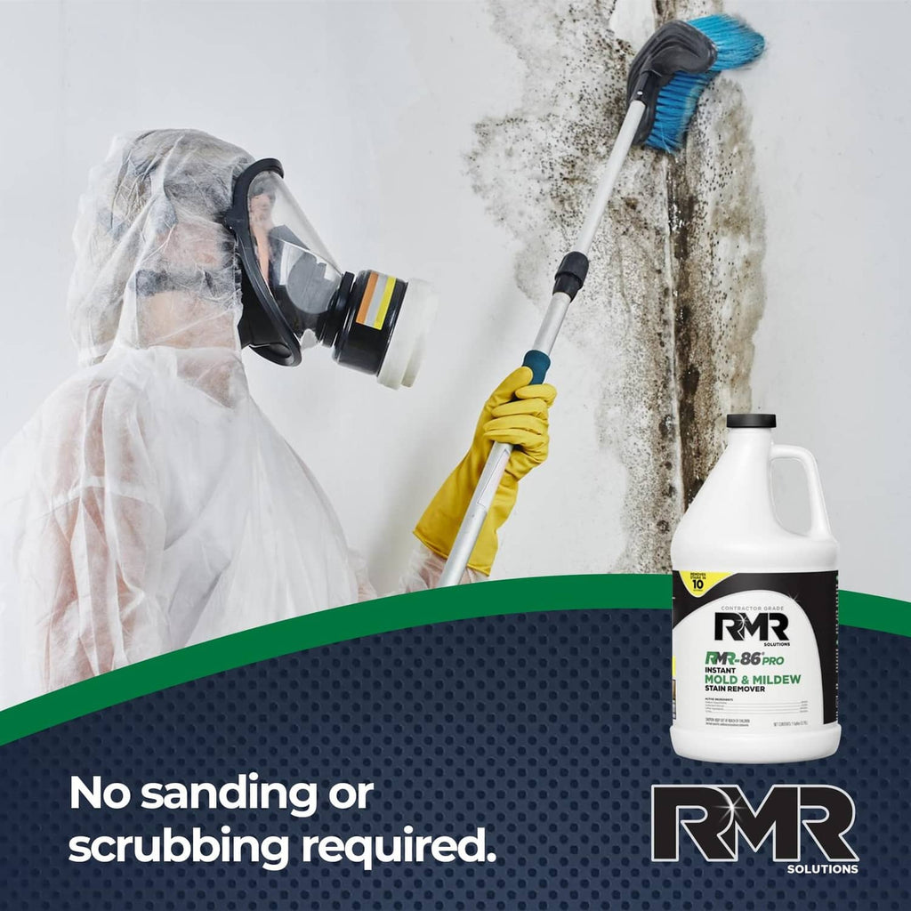 White stain remover bottle with black cap, beside cleaning tools and protective gear