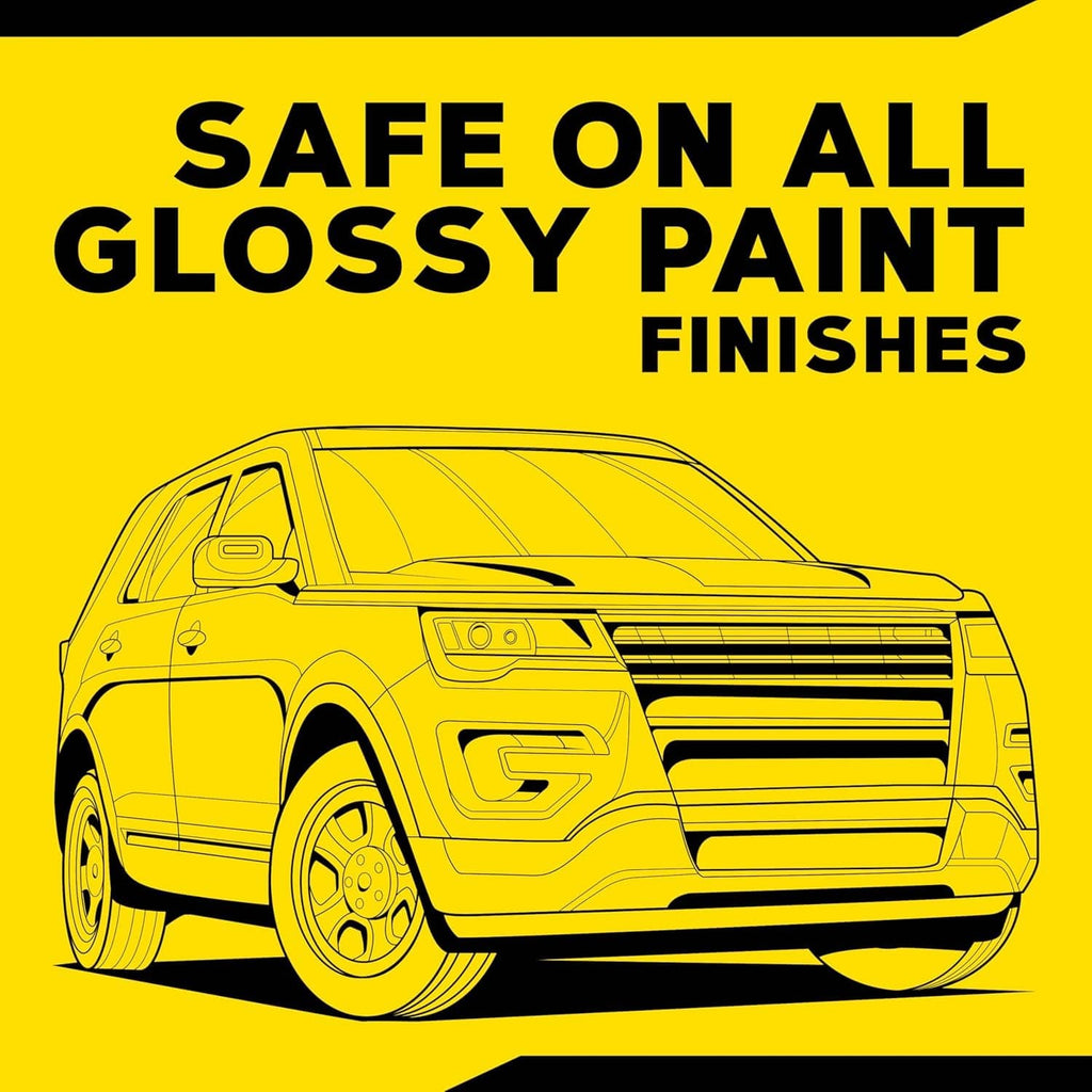 Car wax promotional graphic reading "Safe on All Glossy Paint Finishes"