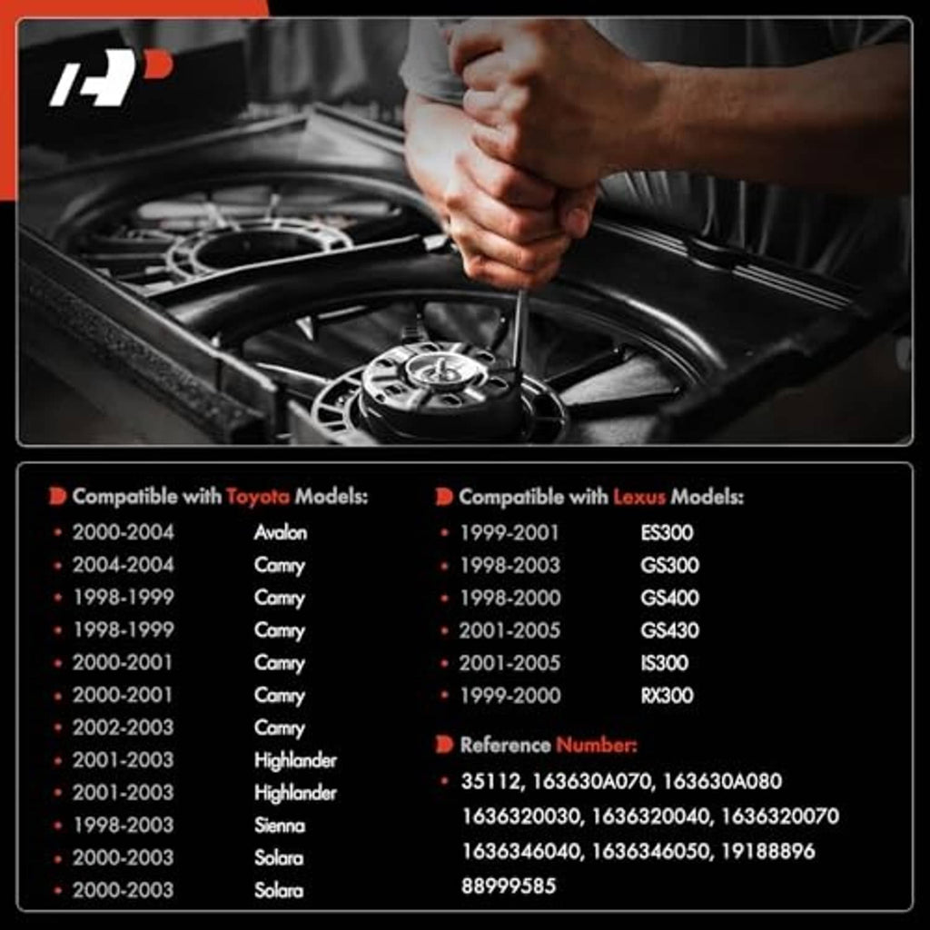 Cooling fan motor shown near engine bay with matching reference list diagram