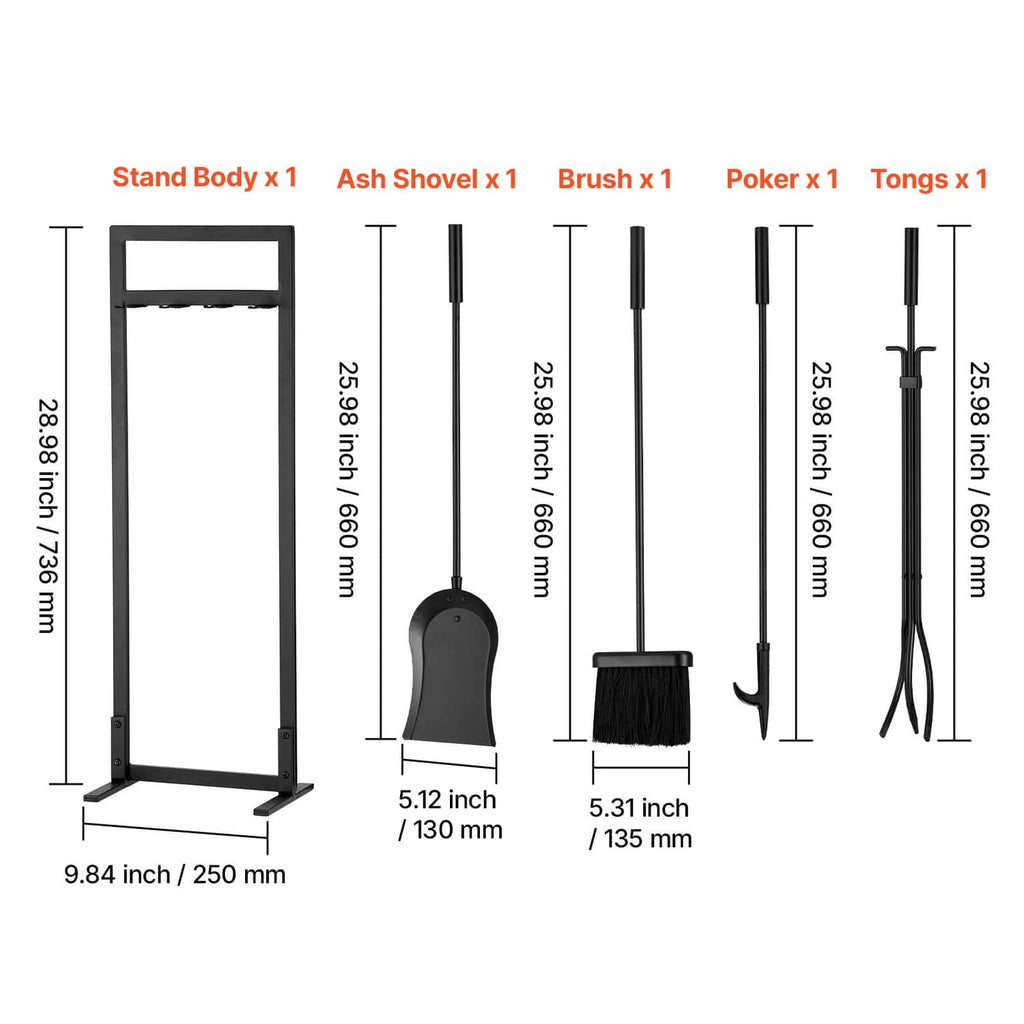 Fireplace tool set parts: square stand plus shovel, brush, poker, and tongs on poles