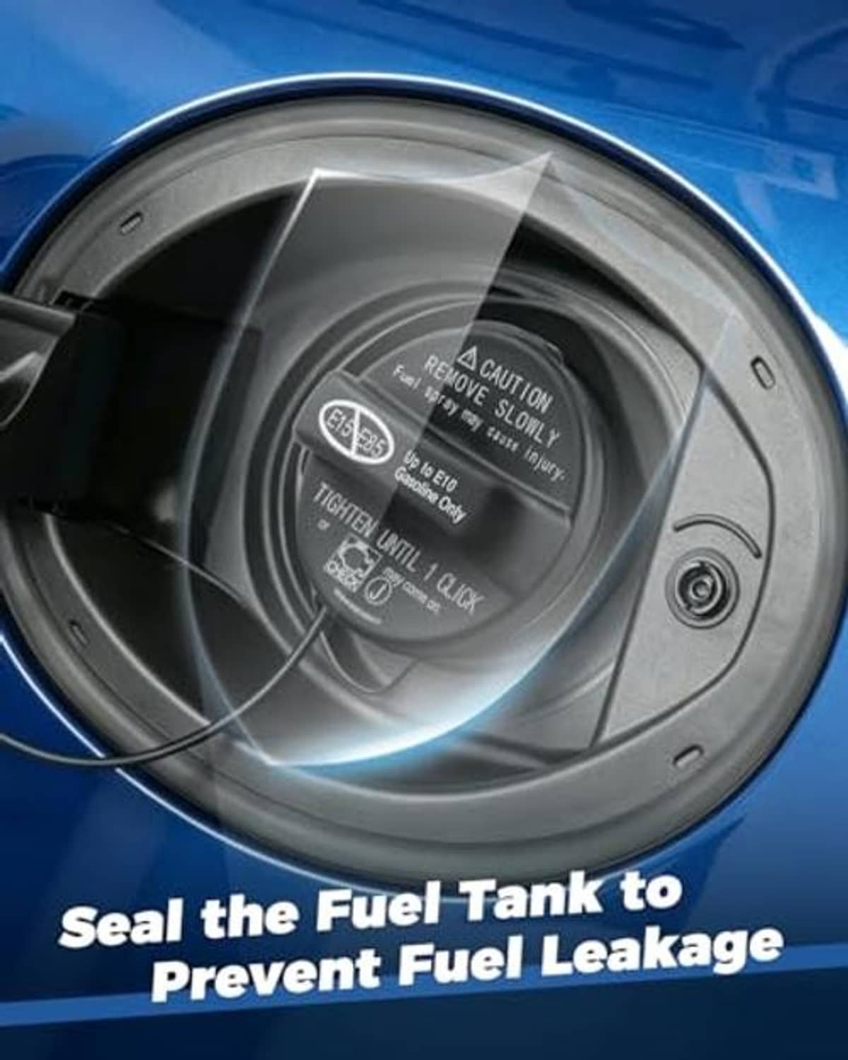 Fuel tank filler cap close-up with warning and tighten-until-1-click markings