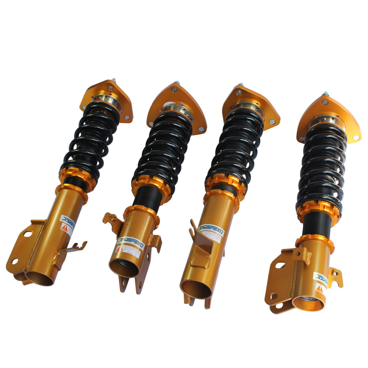 Set of four gold coilover struts with black coil springs and orange reservoir sections