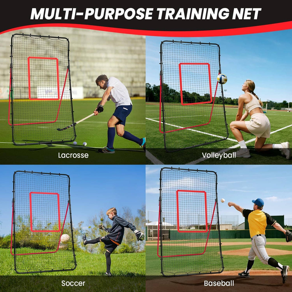 Multi-purpose training rebounder net with black mesh and red target frame