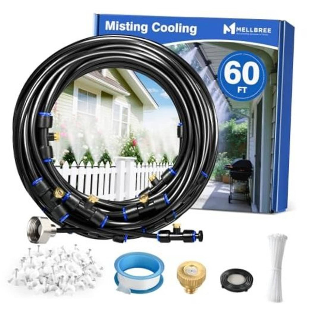 Outdoor misting cooling system hose loop with fittings and mist nozzle accessories, 60 ft kit