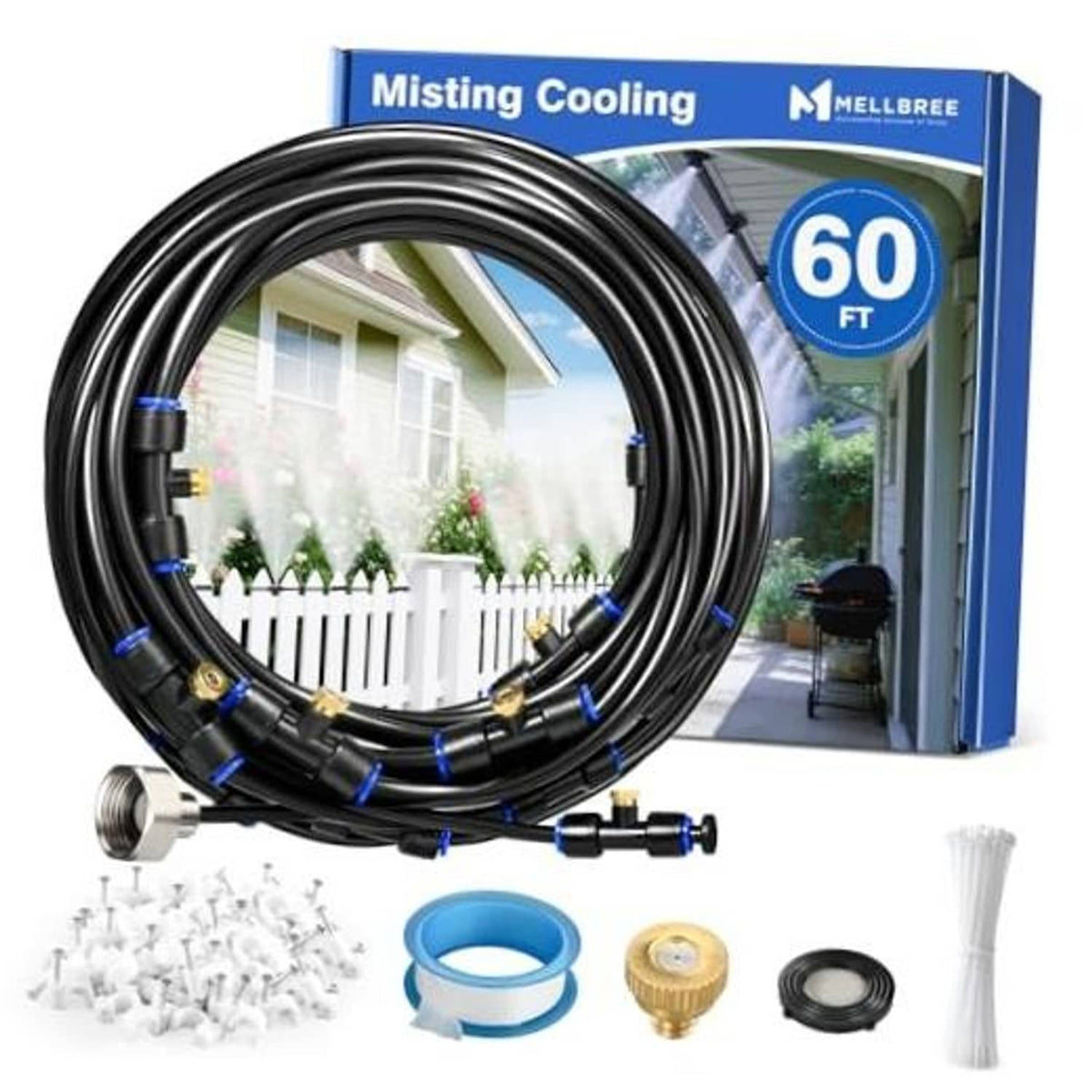 Outdoor misting cooling system hose loop with fittings and mist nozzle accessories, 60 ft kit