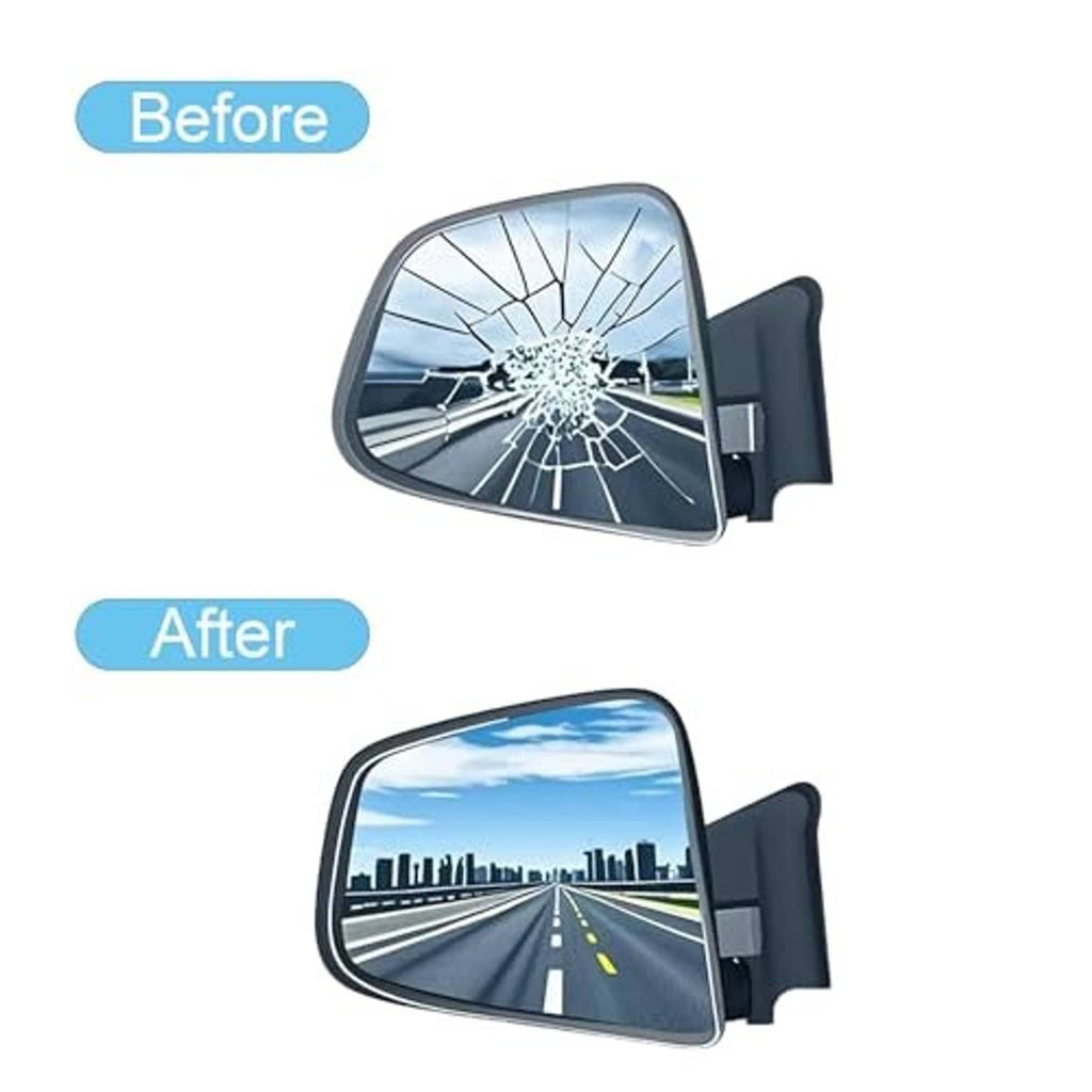 Replacement mirror glass shown before-and-after on a side mirror housing.