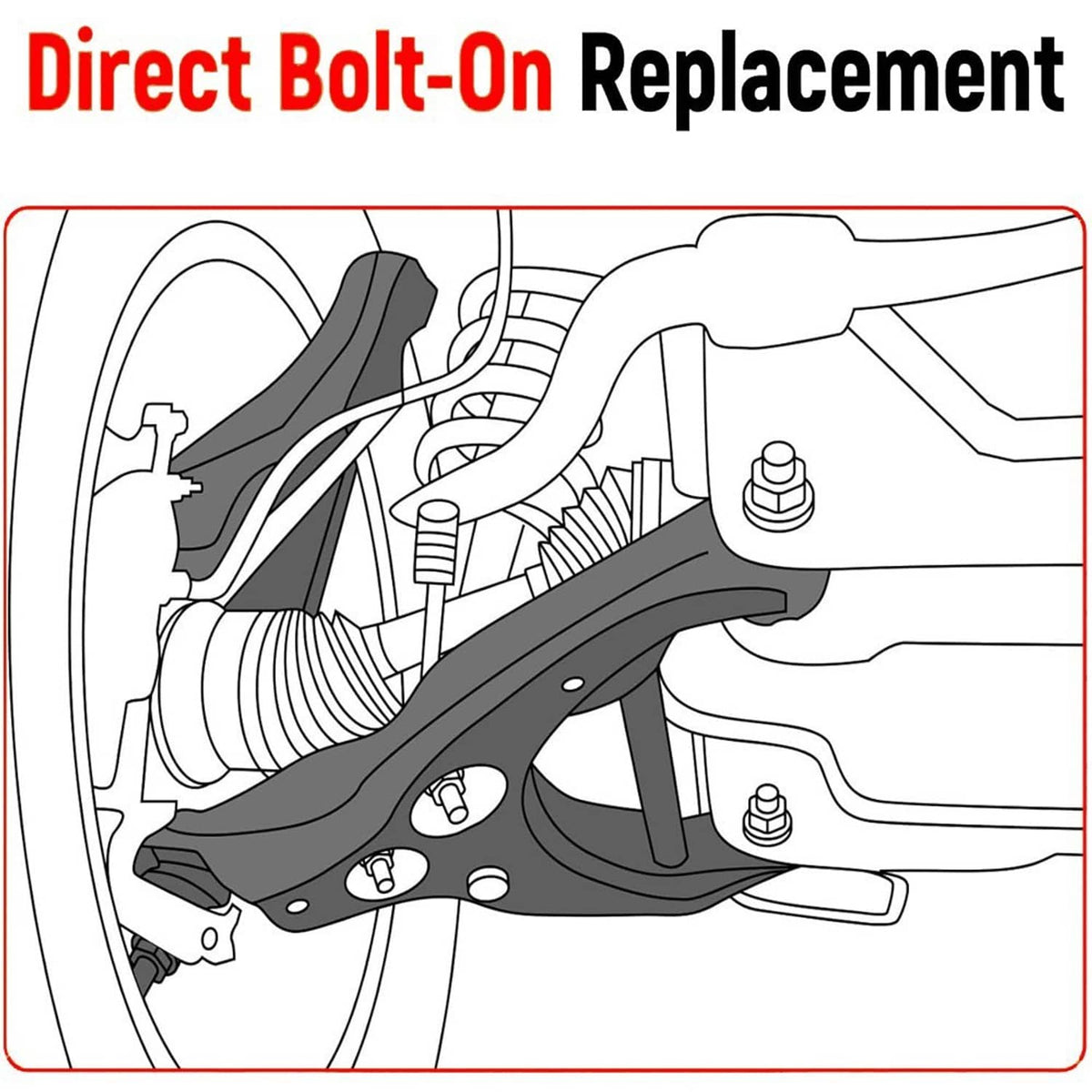 Front suspension control arm diagram showing ball joint and mounting bolts