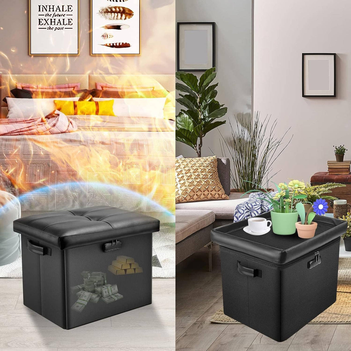 Black storage ottoman with padded seat, side handle, and lock latches, closed top.