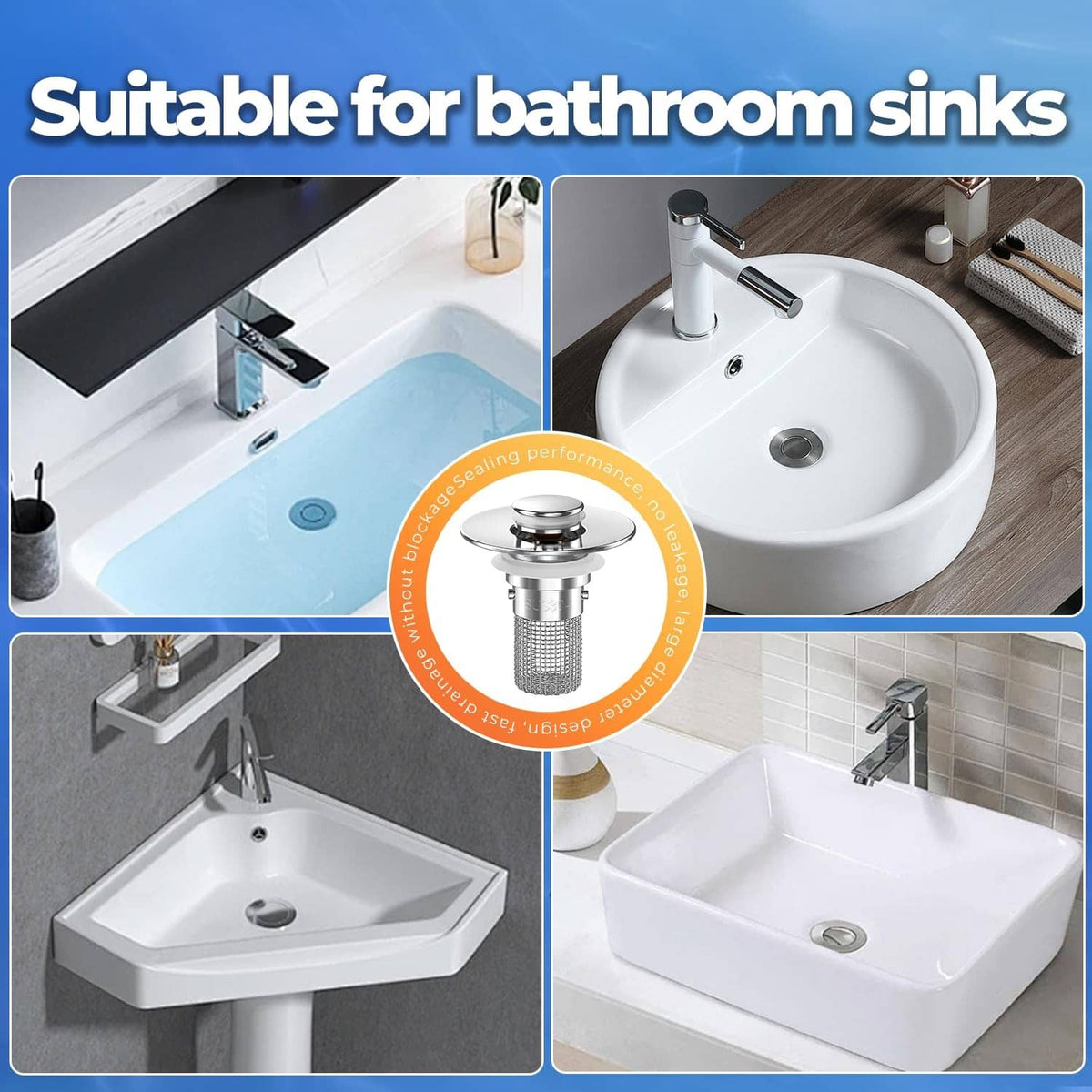 Bathroom sink drain strainer installed in an oval sink, chrome pop-up with mesh basket