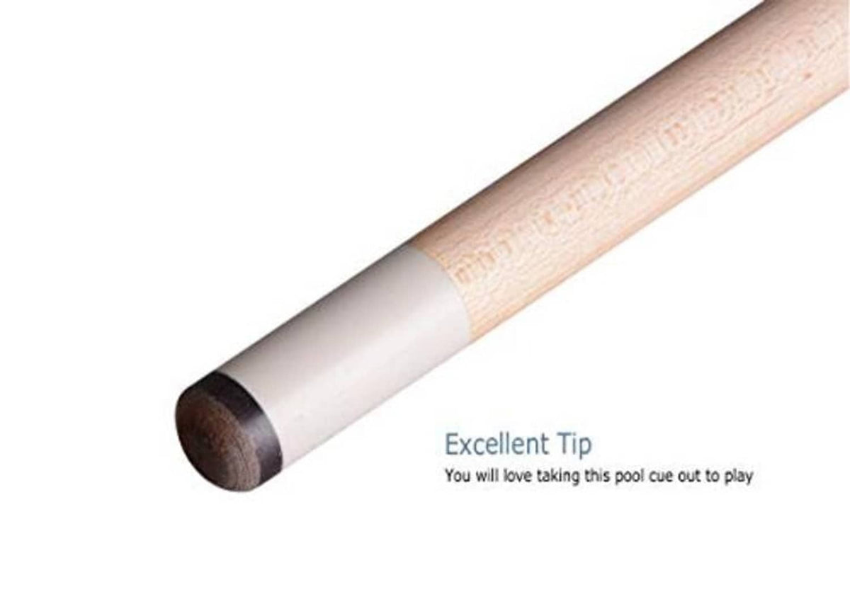 Maple pool cue tip end with brown cue tip and light wood shaft.