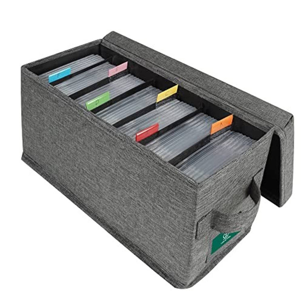 Gray fabric CD storage box with lid, open view showing colorful labeled disc sleeves