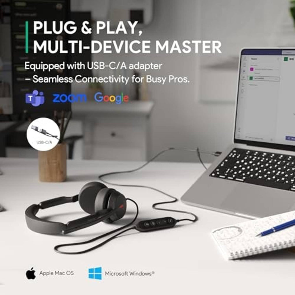 Black wired headset with USB adapter and inline control on office desk