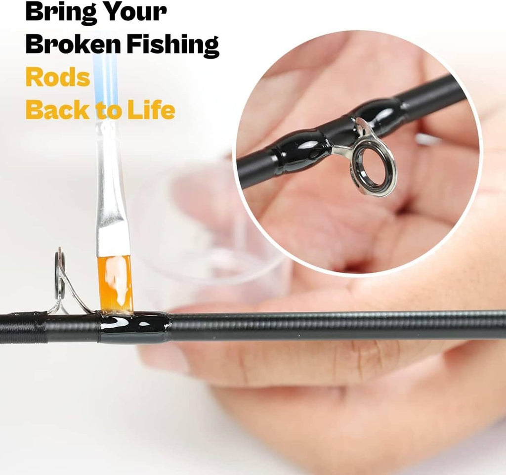 Fishing rod repair kit showing a guide eyelet mounted on a black fishing rod