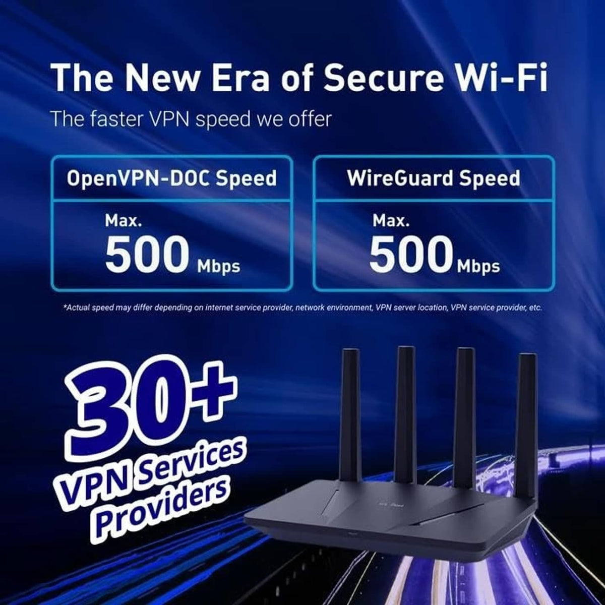 Black Wi-Fi 6 router with four antennas, angled view on graphic background
