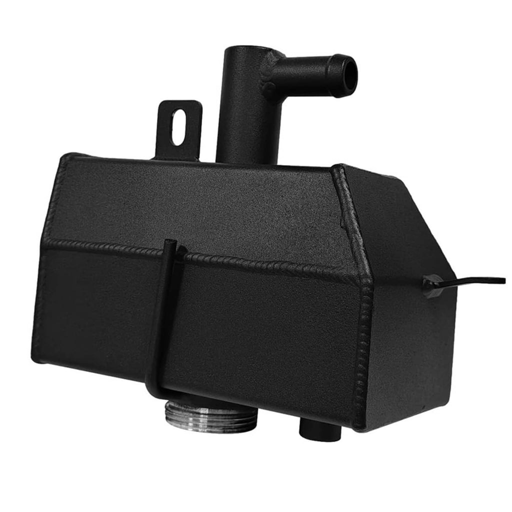 Black coolant reservoir with upper hose spout and side mounting bracket