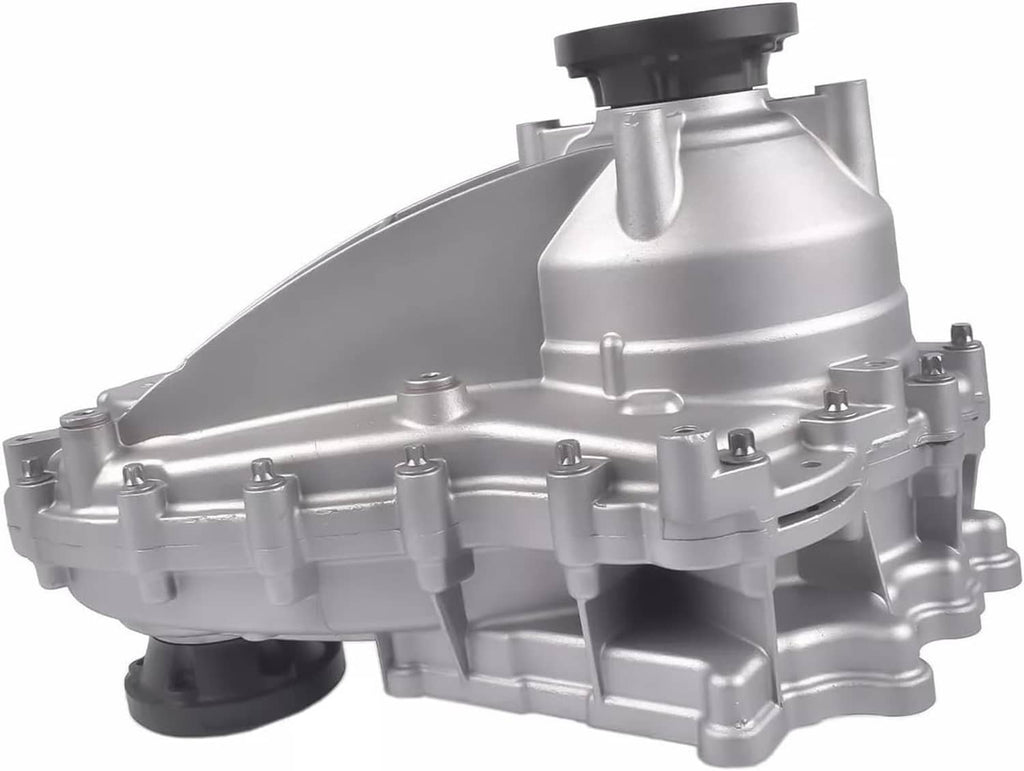 Transfer case assembly with silver housing, black end caps, and mounting points