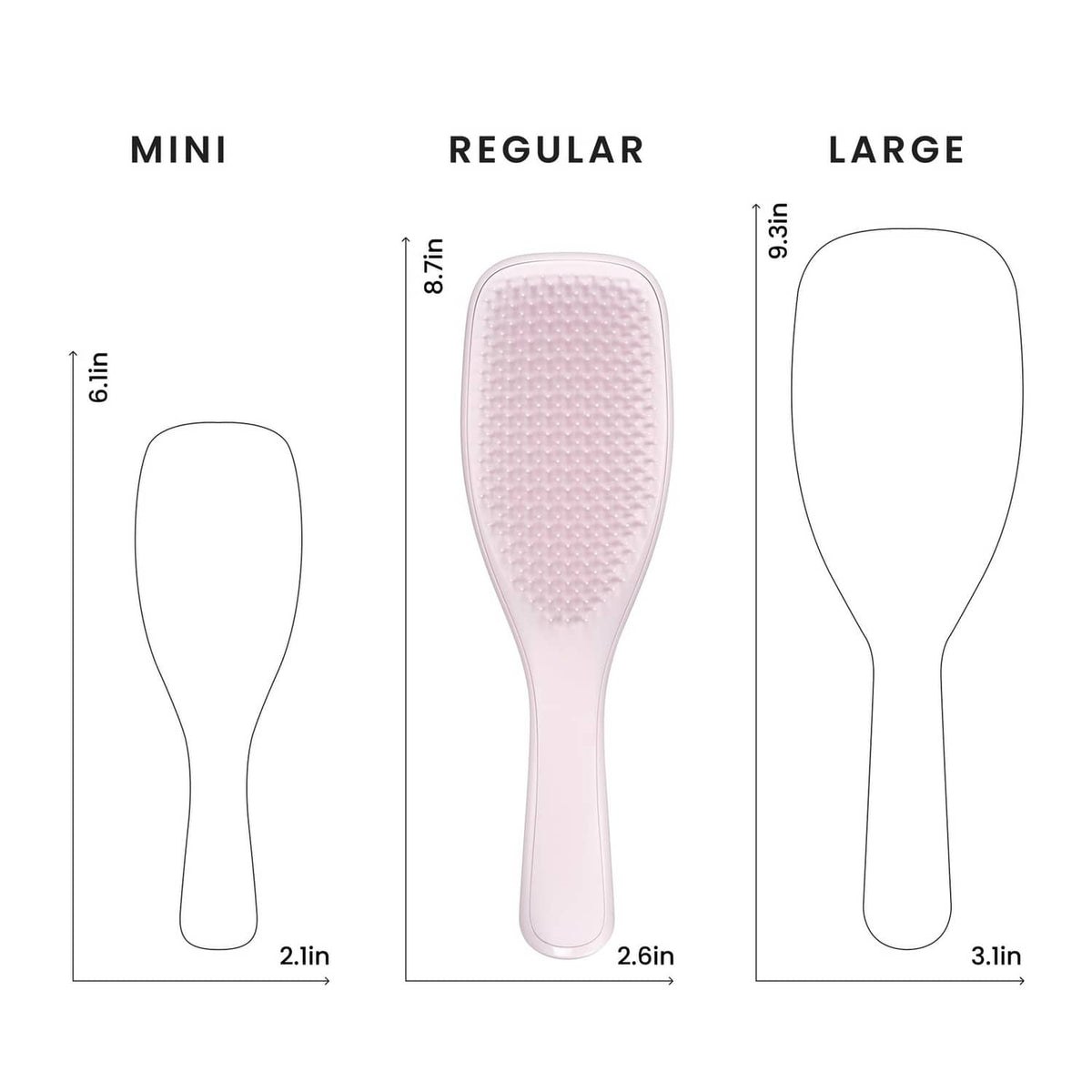 Detangling hairbrush size chart showing mini, regular, and large dimensions