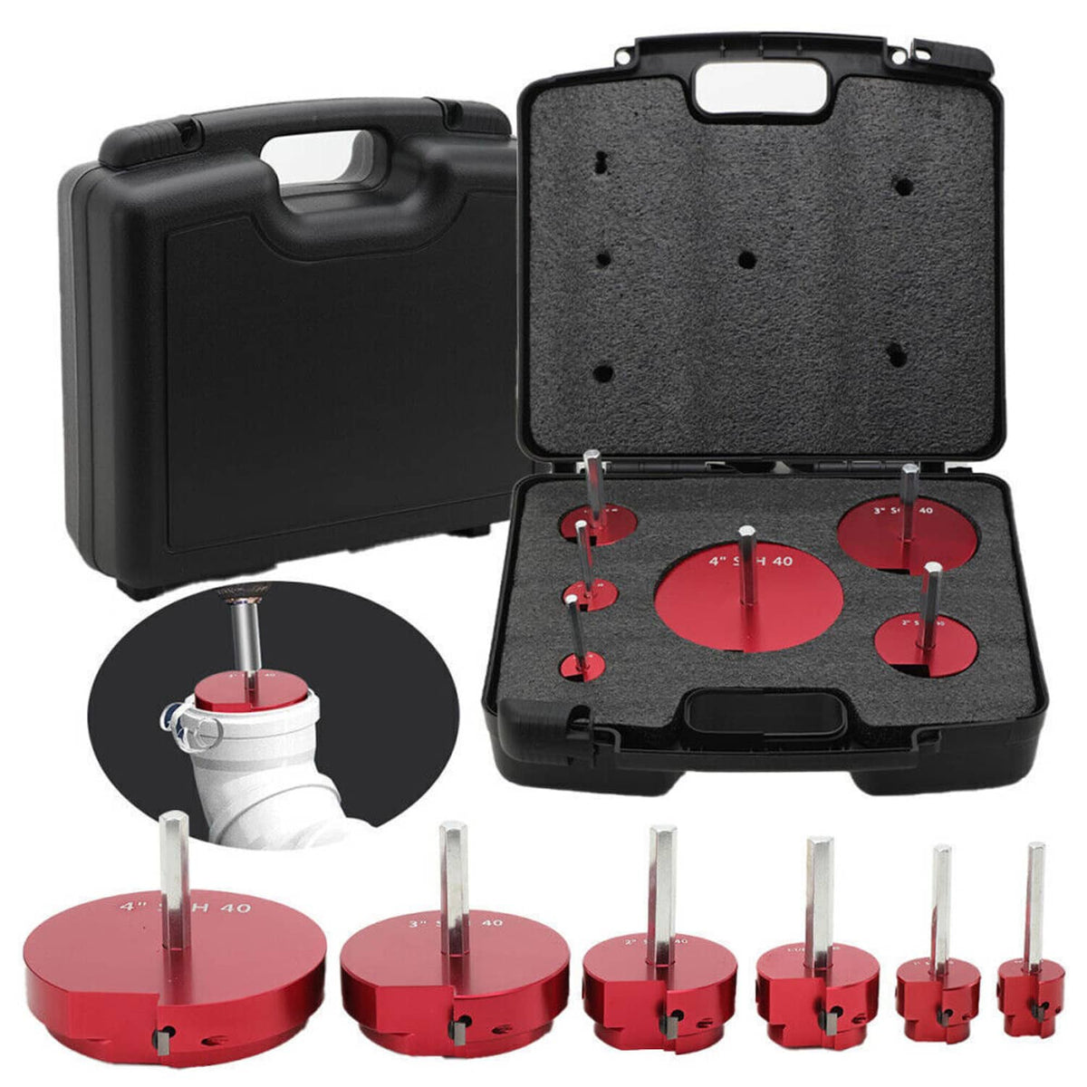Pipe reamer kit with red cutting heads and black storage case