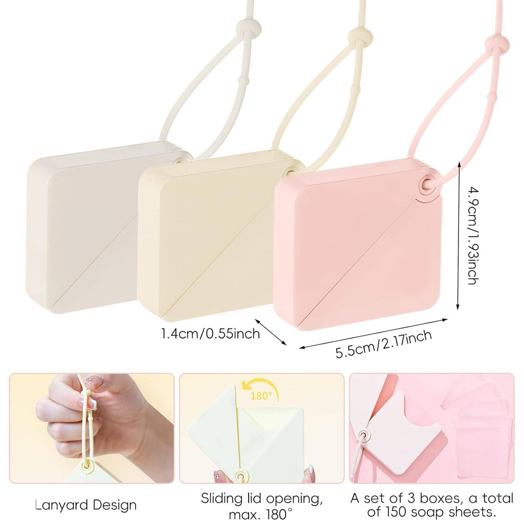 Three travel soap sheet boxes in cream and pink with lanyards and size details