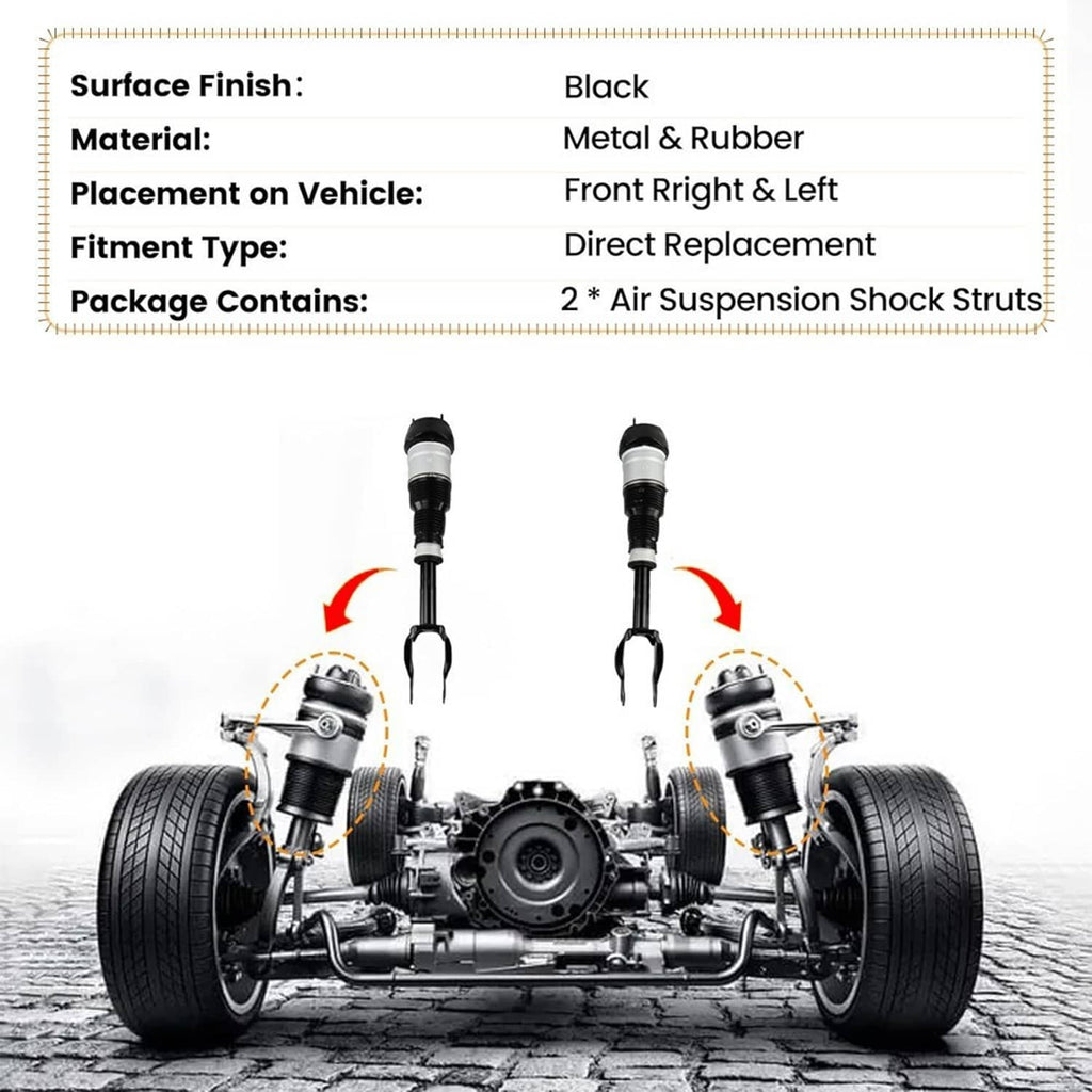 Pair of front air suspension shock struts, black rubber and silver cylinders
