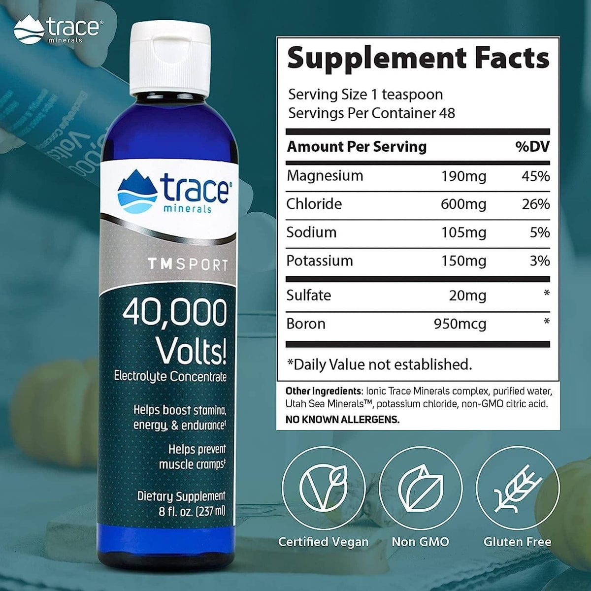 Trace 40,000 Volts electrolyte concentrate bottle with Supplement Facts panel